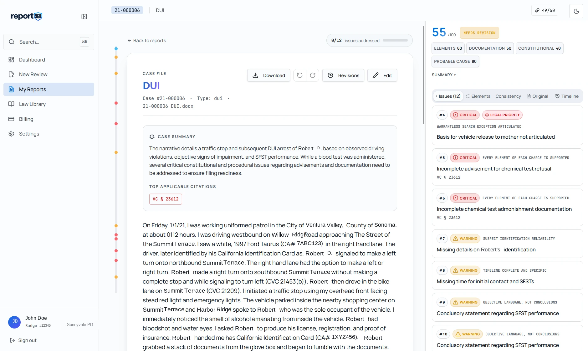 Report960 report review workspace showing a compliance score, flagged narrative passages, and California statute citations