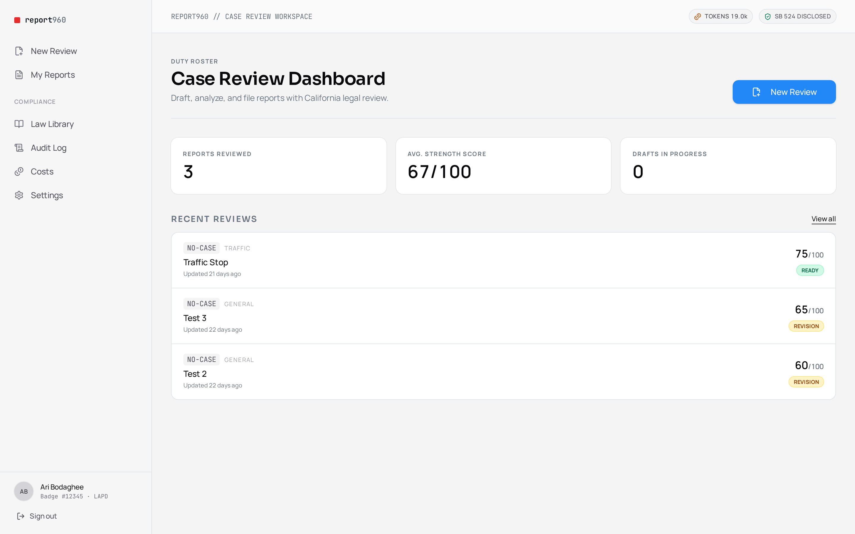 Report960 dashboard reviewing a California police report